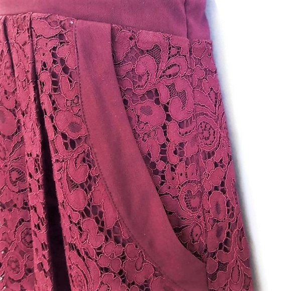 Free People Mini Dress Pleated Lace Eyelet Cutout Back Lined Wine Pockets S - Picture 5 of 8